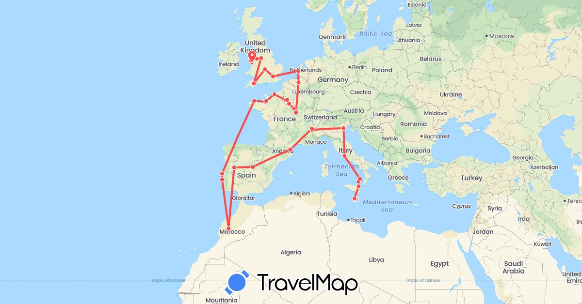 TravelMap itinerary: plane, hiking in Belgium, Spain, France, United Kingdom, Italy, Morocco, Malta, Netherlands, Portugal (Africa, Europe)